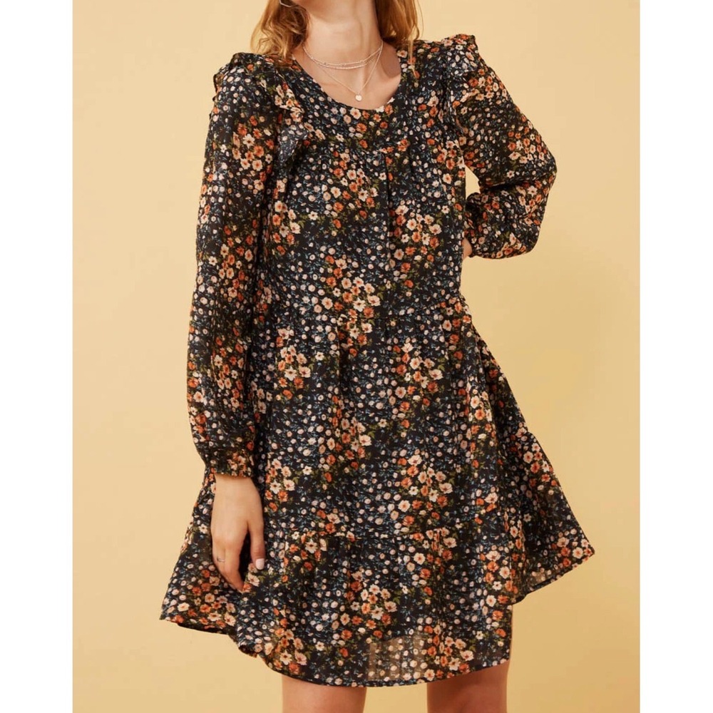 Hayden Los Angeles Floral Tiered Babydoll Mini Dress Ruffle Shoulder Navy 2XL